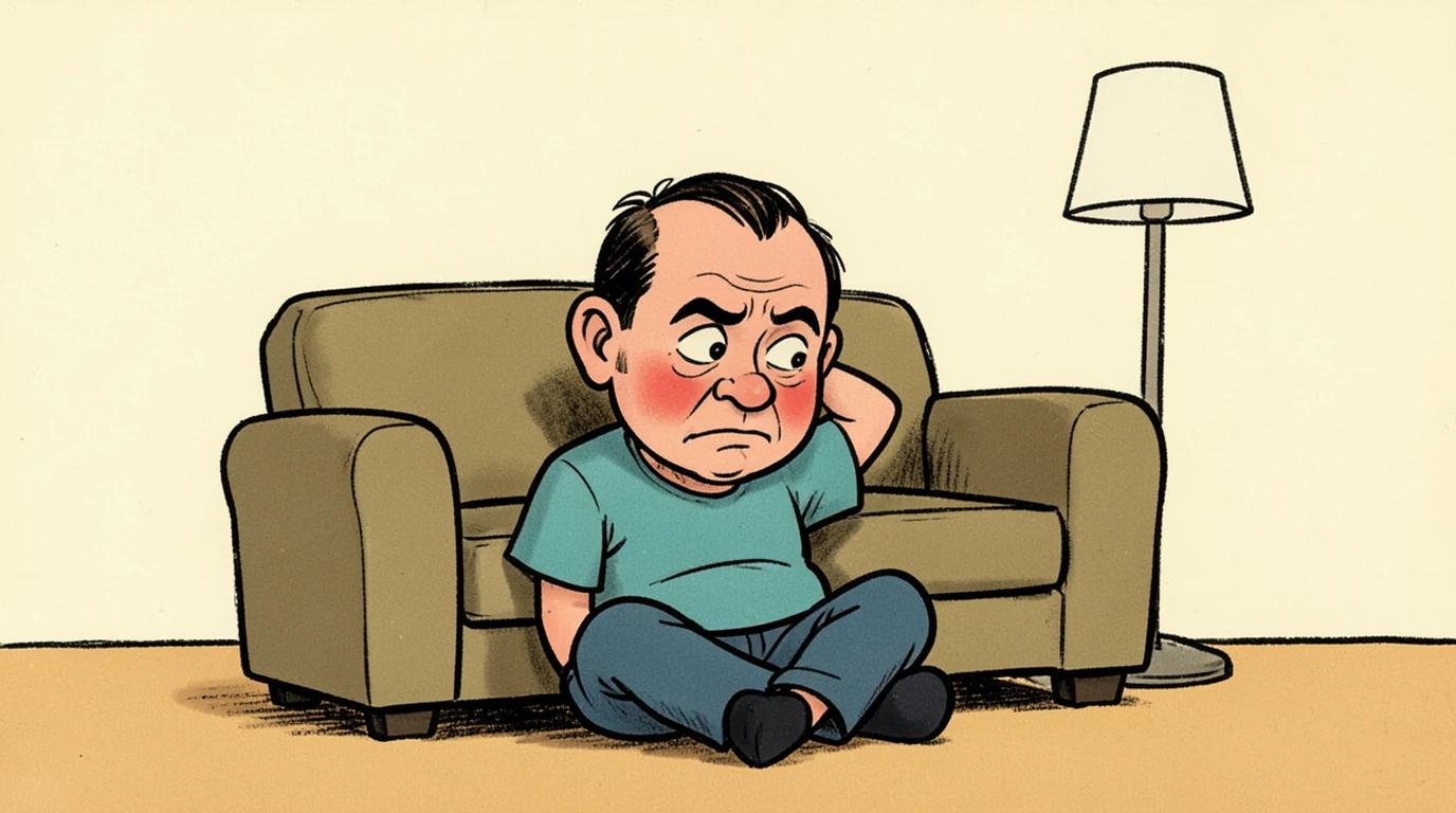Cartoon: a man sits alone on the floor with his back against a sofa, in the middle of the picture