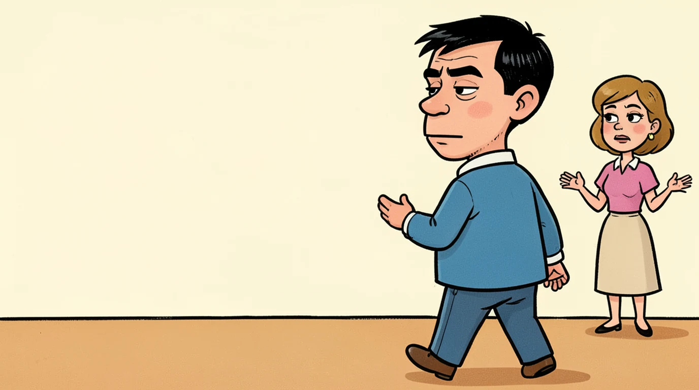 Cartoon: a man has turned his back and walked two steps away mid conversation, in the right half of the picture