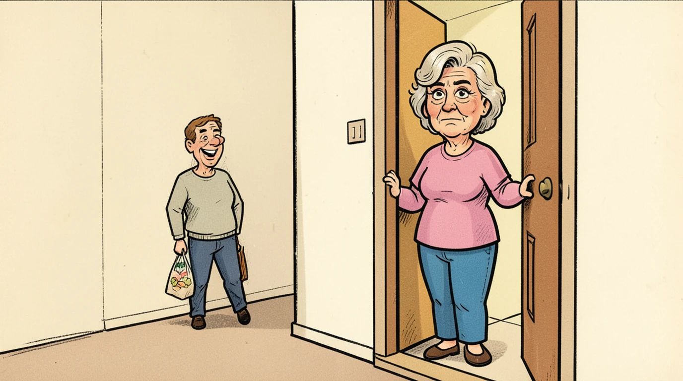 Cartoon: a woman in her forties stands just inside her own front door with one hand on it, half closing it, in the right half of the picture